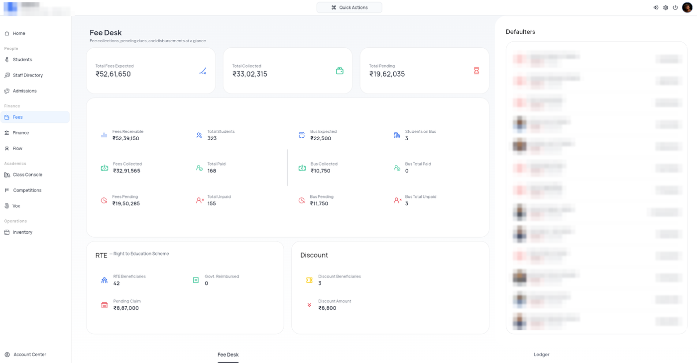 BaseSchool fee desk with defaulters panel
