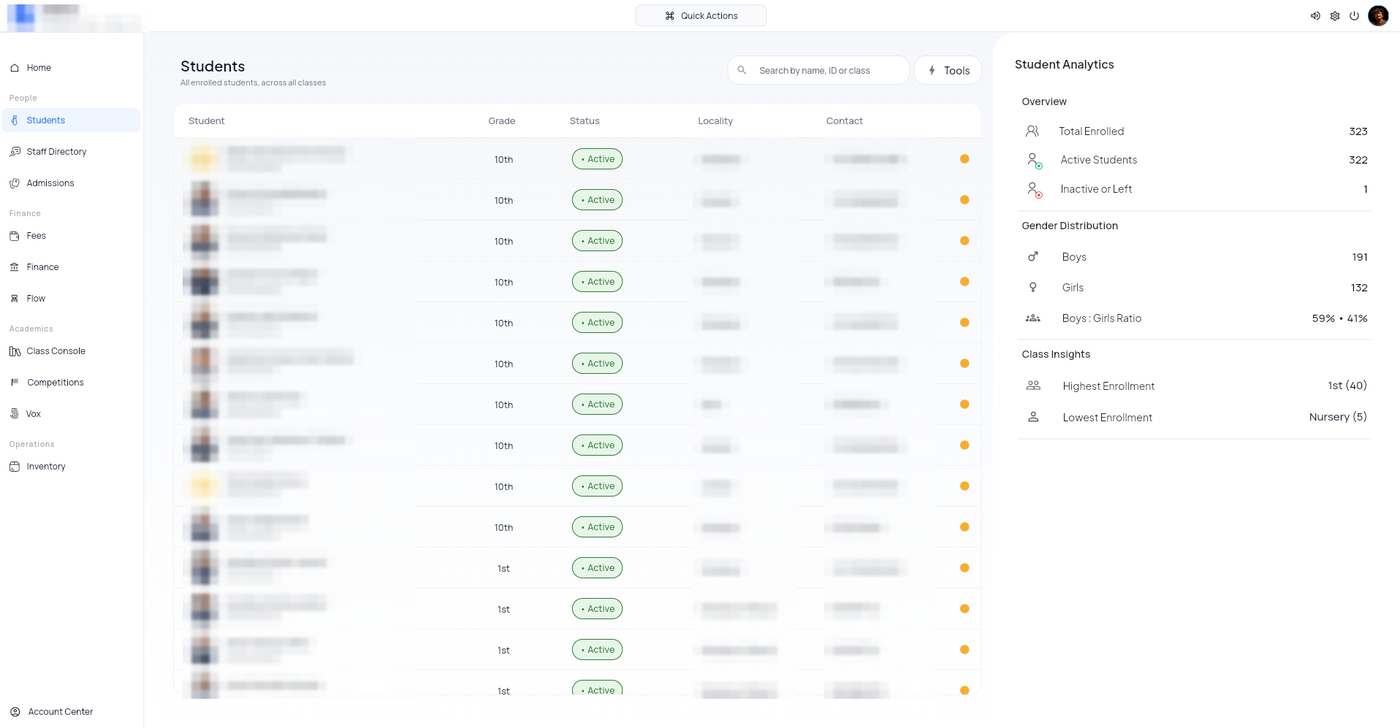 BaseSchool students list with analytics panel